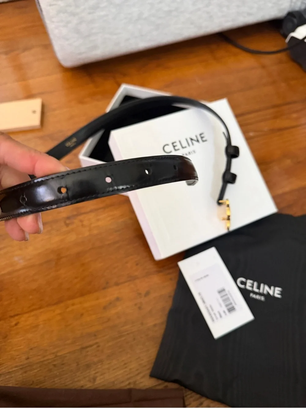 Authentic Celine Black Leather Belt with Gold Triomphe Buckle